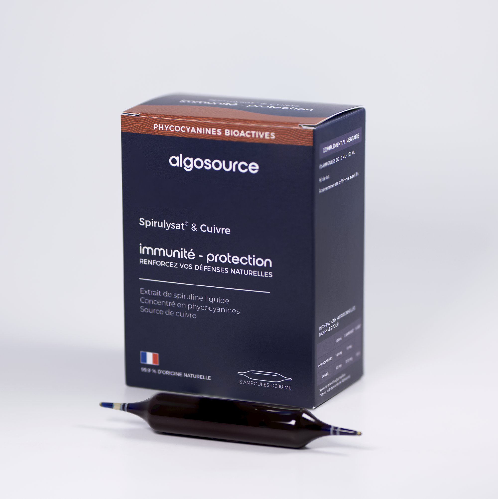 15 ampoules d'extrait liquide de spiruline bleue avec phycocyanines et cuivre
