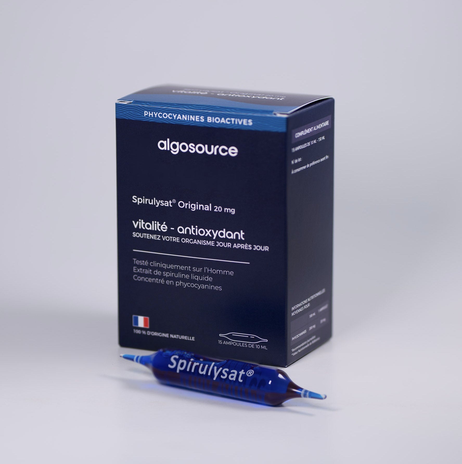 15 ampoules de Spirulysat Original pour la vitalité quotidienne grâce aux phycocyanines de la spiruline