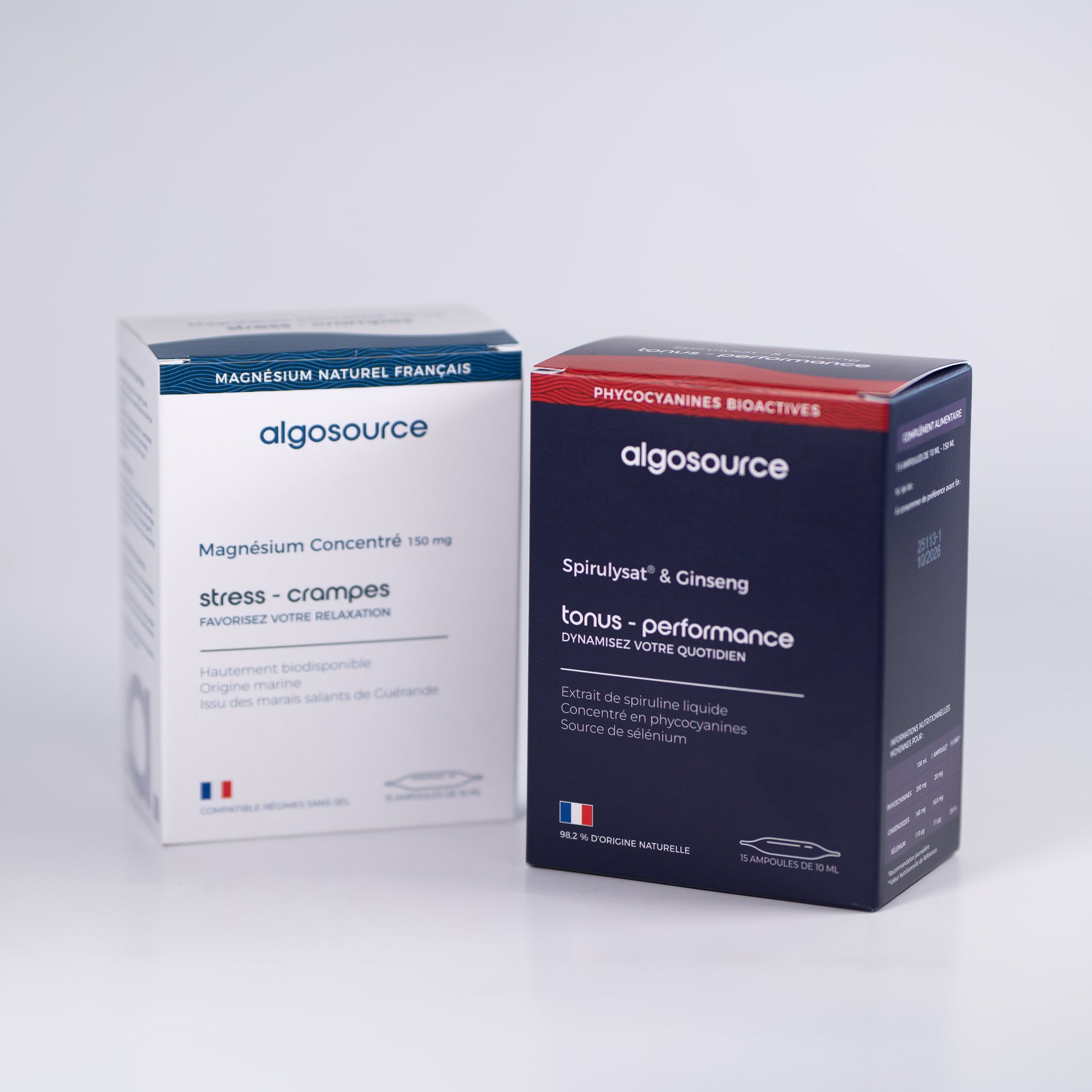 Tonus ginseng et spiruline liquide bleue et magnésium concentré stress et crampes musculaires